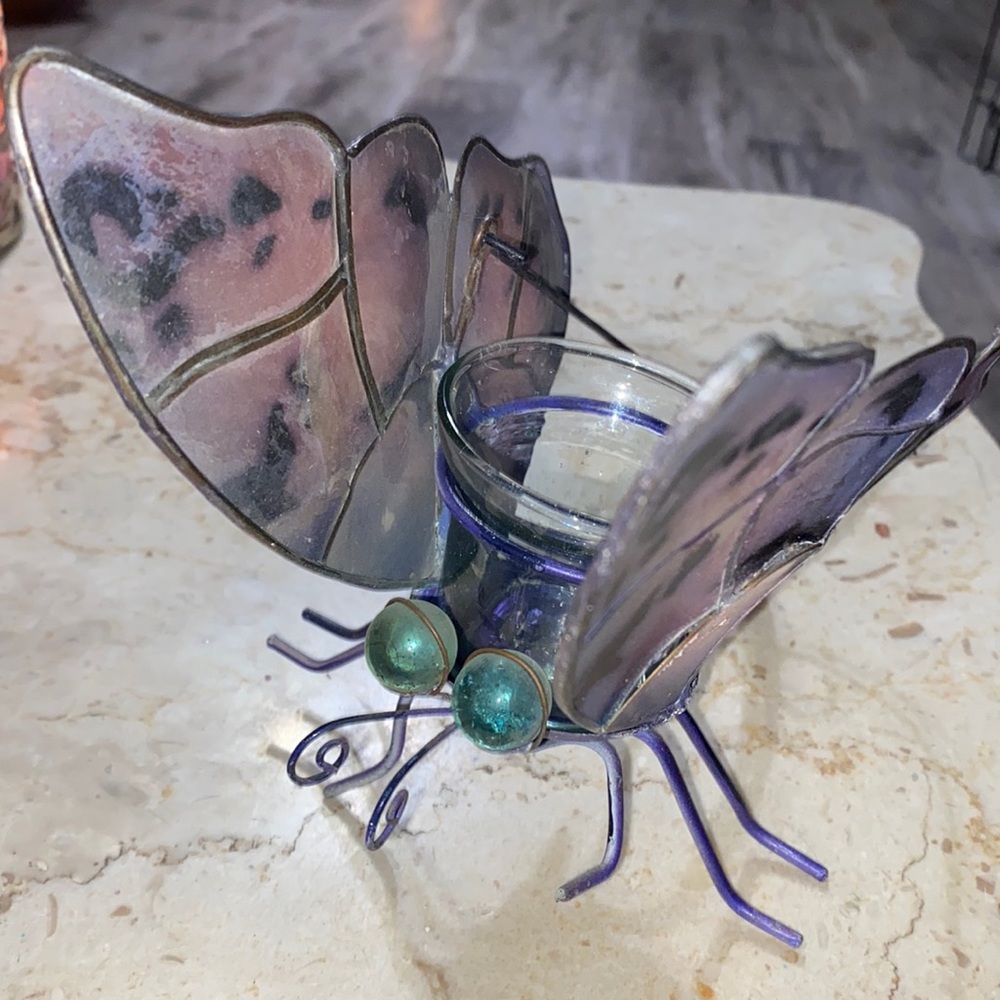 Vintage Purple Metal Frame Butterfly Hanging Candle Holder